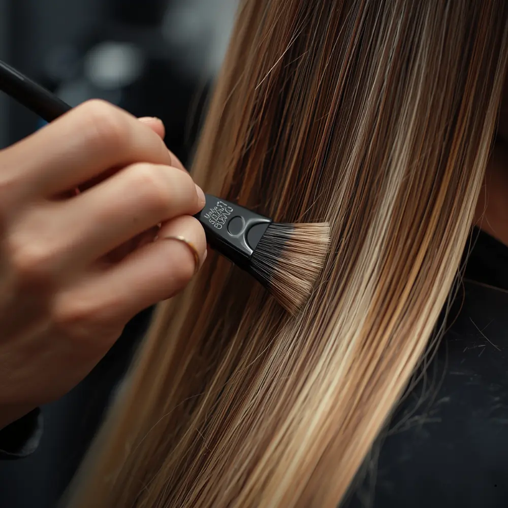 Unsere Haarexpertin Ella wendet die anspruchsvolle Freihandtechnik für eine massgeschneiderte Balayage an.