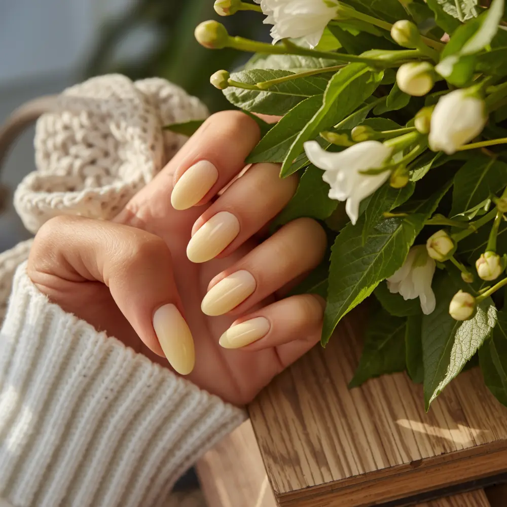 Kurze, perfekt gepflegte Gelnägel in der modernen Squoval-Form im sanften Vanille-Ton – praktisch und elegant für den Alltag in Abtwil.